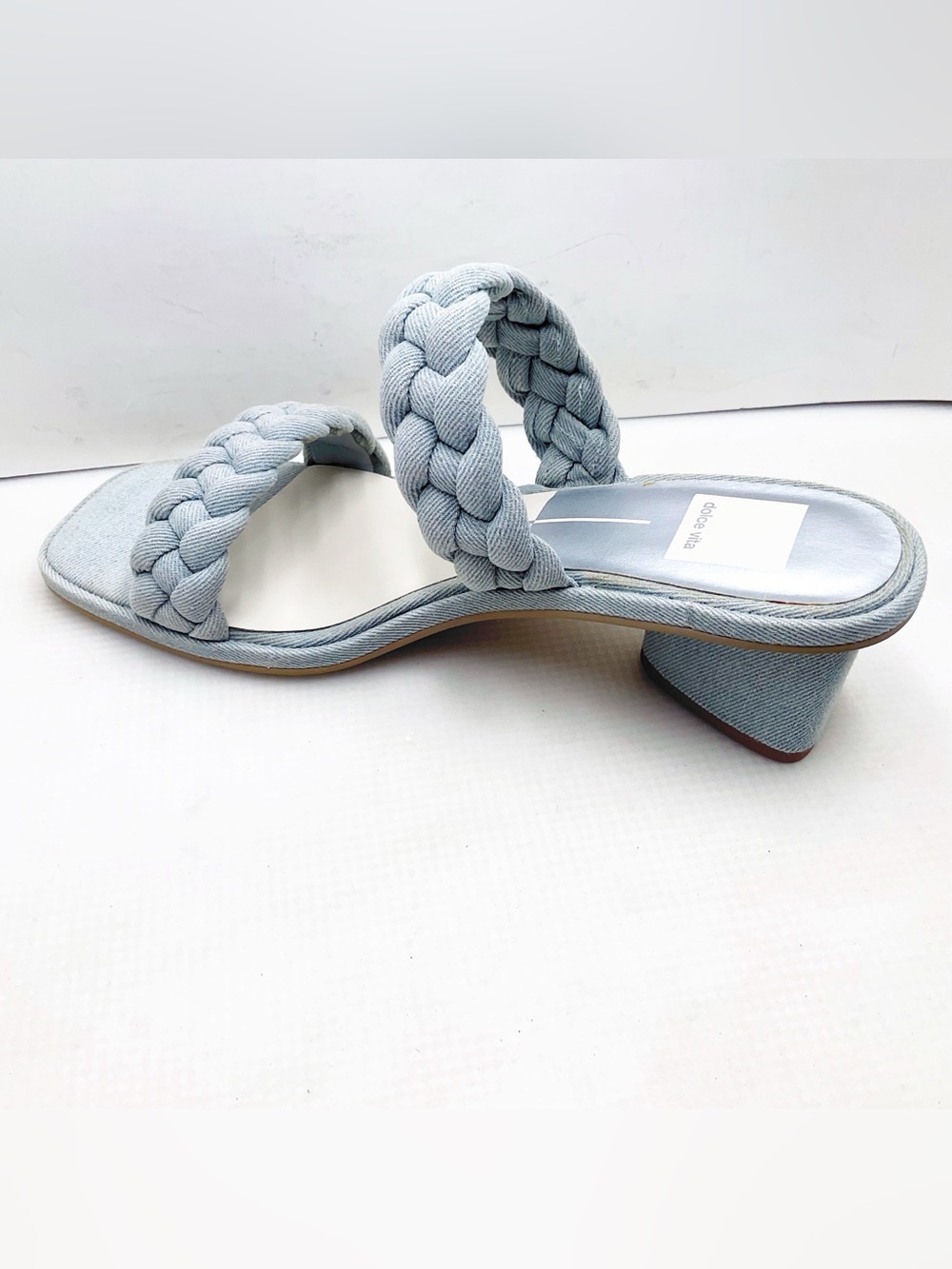 {Dolce Vita} Indy Light Blue Denim Slip On Open Square Toe Woven Straps Sandals - Picture 5 of 14